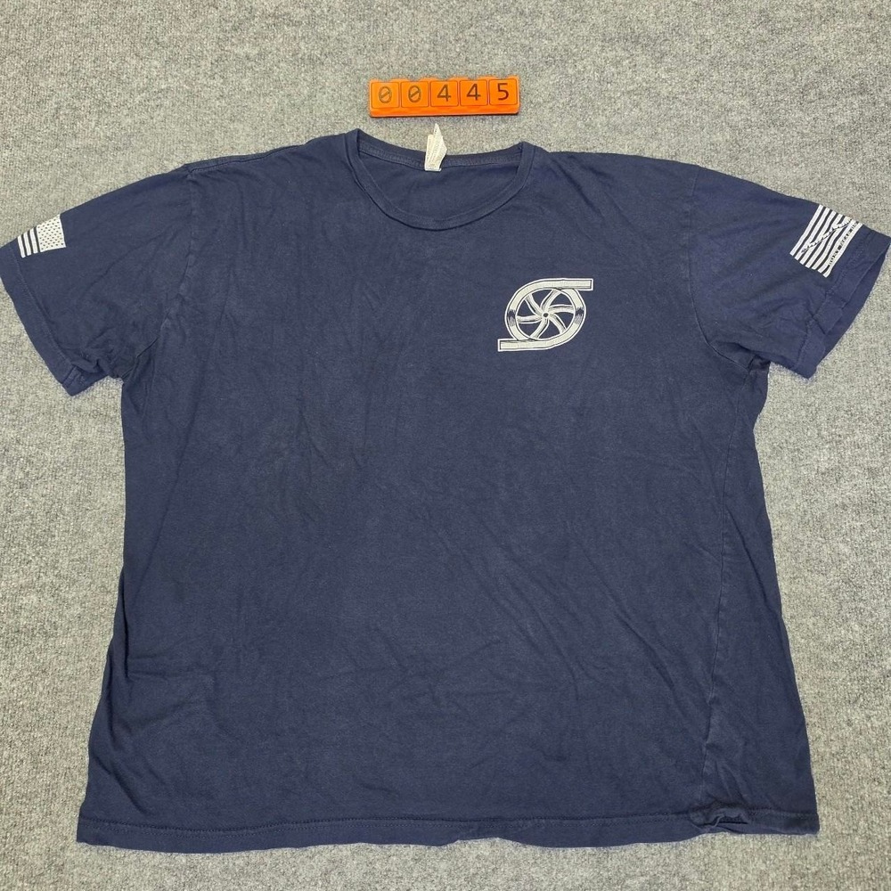 Navy blue t-shirt with american flag and 'dont tread on me' graphic on sleeves